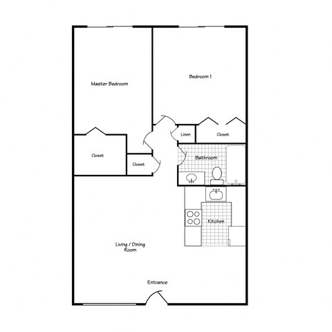 Floor plan for 2 beds, 1 bath, 760 sqft